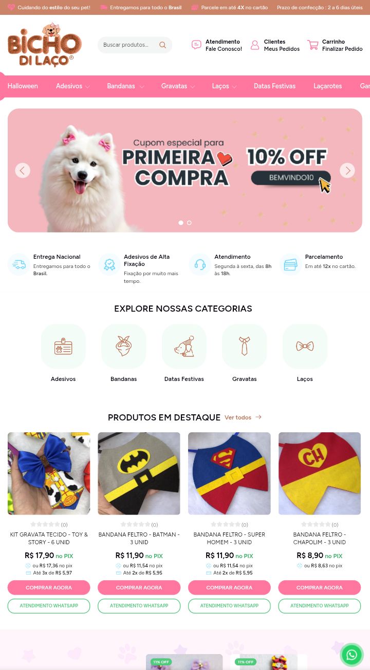 Site de vendas e-commerce para o nicho de pet shop.