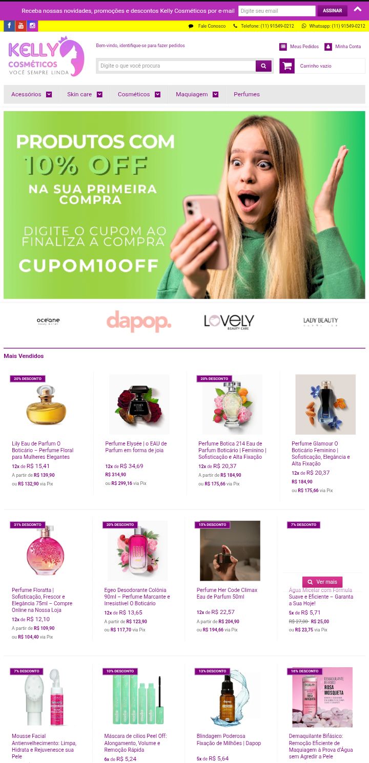 Site de vendas e-commerce para o nicho de maquiagens, skincare, cosméticos e perfumes nacionais e importados, revenda autorizada mas marcas boticário, eudora, quem disse berenice, oui, mary key, natura, jequiti, envio para todo o Brasil.