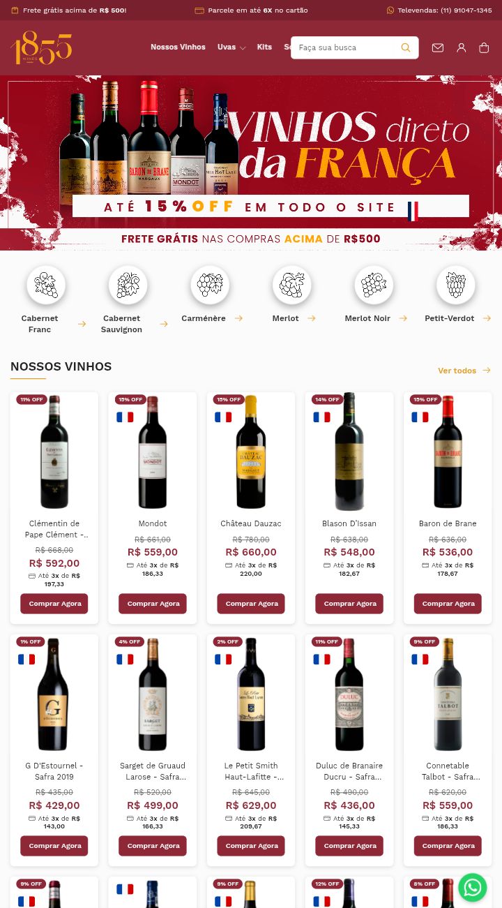 Site de vendas e-commerce para o nicho de vinhos nacionais e importados.